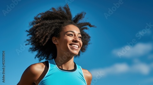 Fitness, young black woman, and happy athlete smile after running, exercise, and marathon training workout. Blue sky, summer sports, and run of an African runner