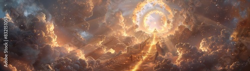 A celestial staircase wrapped in clouds, guided by golden light towards an arch of salvation, inspiring a sense of spiritual ascension and mysticism photo