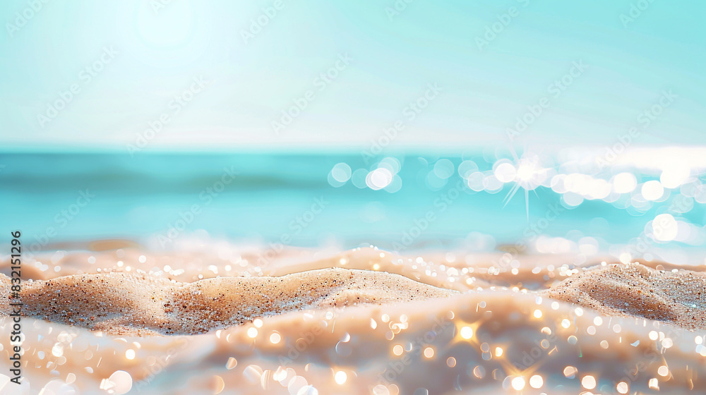 Amber beach sands and serene bokeh lights craft a tranquil setting under a light blue sky, Amber beach sands and serene bokeh lights craft a tranquil setting under a light blue sky,