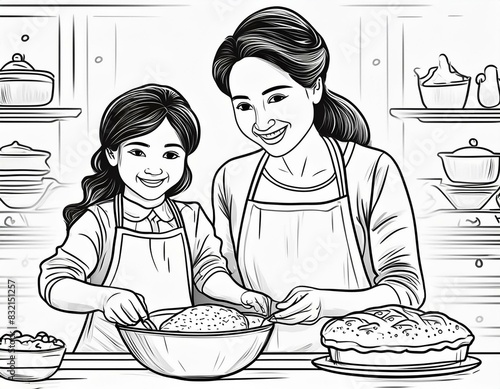 mère et sa fille faisant la cuisine en dessin ia noir et blanc, bonheur en famille photo