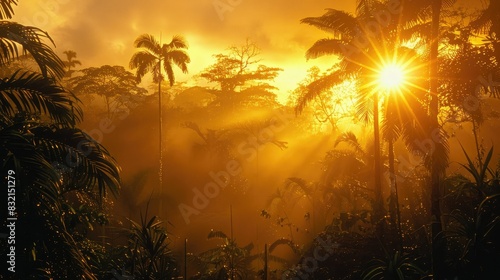 Radiant sunburst through dense, misty forest canopy at sunrise photo