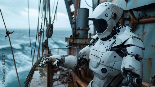 A humanoid robot fisherman stands on an old marine vessel and looks out at the stormy sea