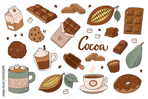 cocoa and chocolate hand drawn doodles collection, isolated cartoon elements for prints, posters, stickers, product packaging, etc. EPS 10