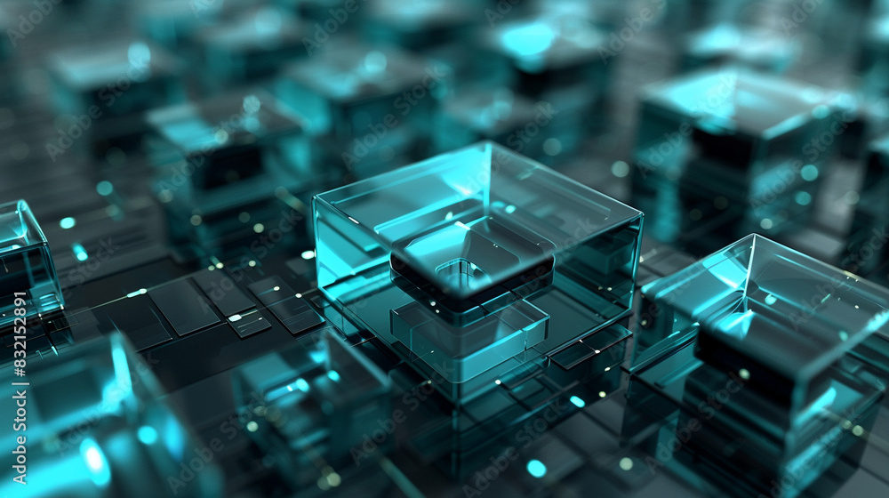 Aquamarine squares and futuristic technology merge, symbolizing calm innovation, Aquamarine squares and futuristic technology merge, symbolizing calm innovation,