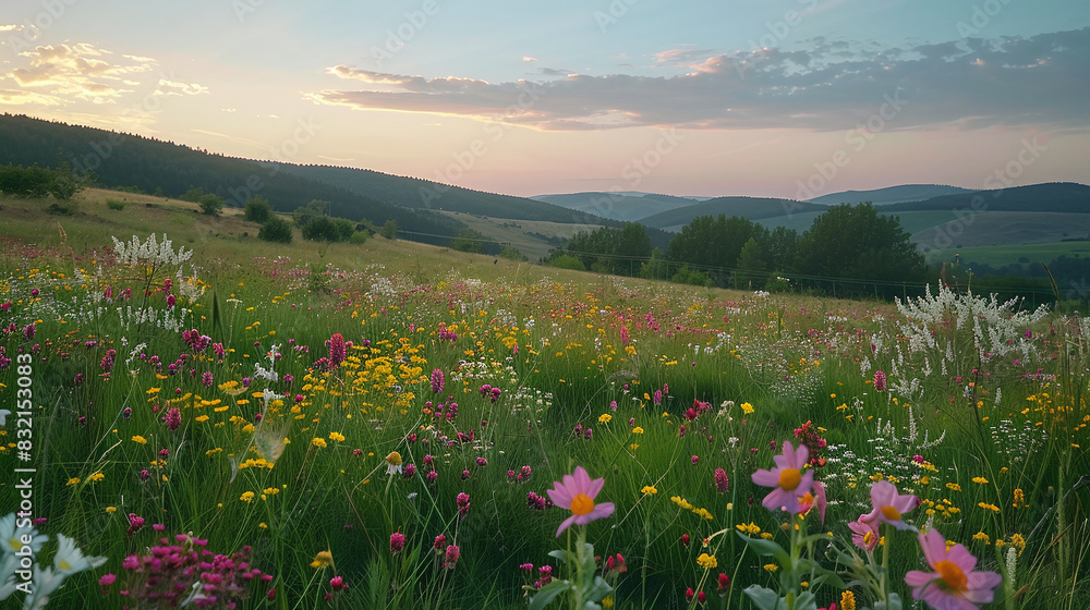 Fototapeta premium Flowery meadows are on the expansive hills during the light hours of the evening. Ai generate.