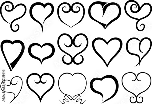 Set of different line hearts isolated on white