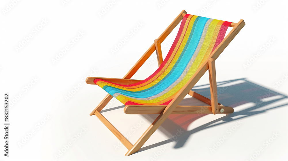 An artistic depiction of a 3D beach chair isolated on a white background, its detailed construction and vibrant colors capturing the essence of coastal living and leisure.