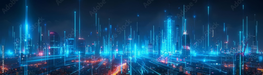 Fototapeta premium A futuristic cityscape rendered in glowing blue neon lines, illustrating a hightech digital metropolis at night