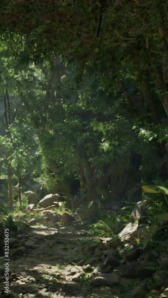 A dirt road runs through a dense forest of tall trees and green foliage, creating a rustic path in the wilderness. A dirt road runs through a dense forest of tall trees and green foliage, creating a rustic path in the wilderness.