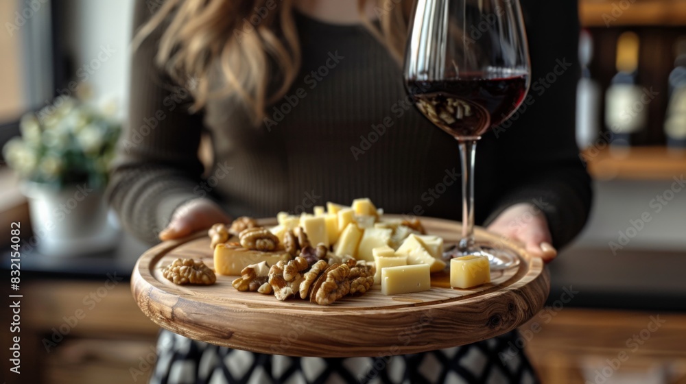 Fototapeta premium A woman is holding a plate of cheese and nuts alongside a glass of wine