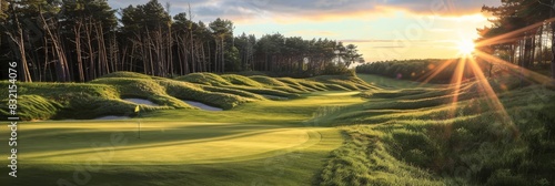 A golf course awakening at dawn  sun rays piercing through tall pines onto smooth greens and soft contours of the landscape