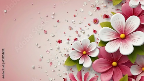 several pink and white flowers of different sizes against a pale gray background  along with some