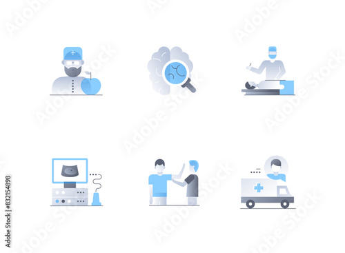 Medical examination and assistance - flat design style icons set. High quality colorful images of nutritionist doctor, brain, surgeon operation, ultrasound, patient palpation and ambulance idea