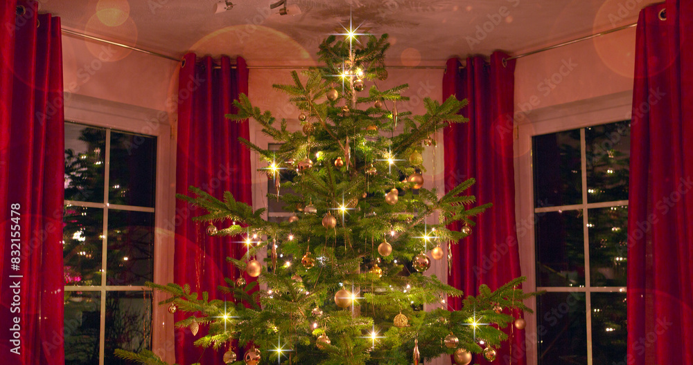 Decorated Christmas tree on blurred, sparkling and fairy background Decorated Christmas tree on blurred, sparkling and fairy background