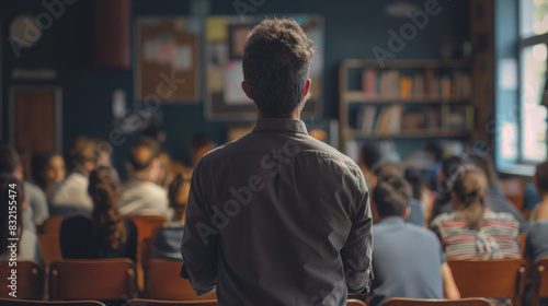 An educator stands before a class, focused on the students in a learning environment
