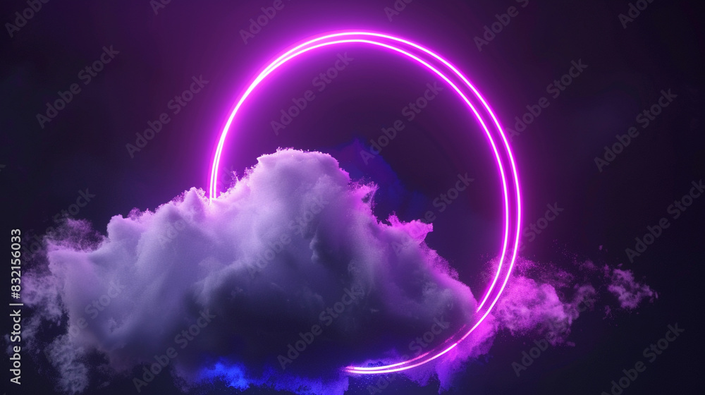 Fototapeta premium Purple neon ring casts a mysterious glow over dark clouds in a 3D frame,