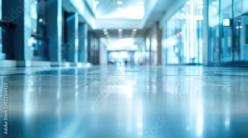 a blurred background of a hospital long lobby hallway