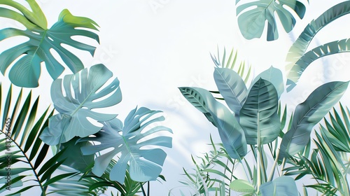 Lush green tropical leaves on a light background, perfect for nature-themed designs, wallpapers, and decor. Fresh, vibrant, and serene. photo