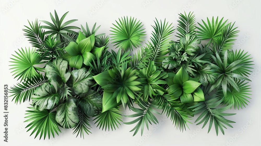 Lush green tropical leaves arranged beautifully against a light background, perfect for botanical and nature-themed projects. Lush green tropical leaves arranged beautifully against a light background, perfect for botanical and nature-themed projects.