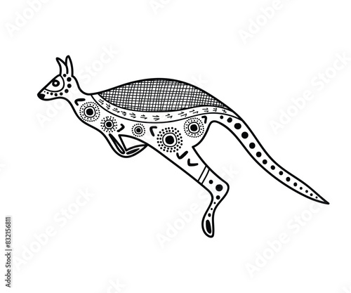 Aboriginal-style artwork featuring a sketched kangaroo