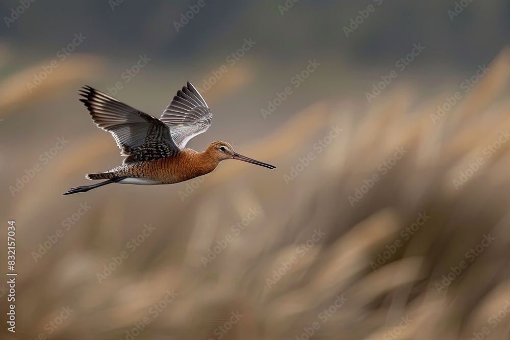 a image of a bird flying over a field of tall grass