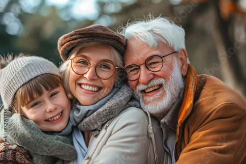Gentle family portrait of an elderly couple with their granddaughter outdoors