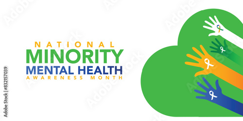 Minority Mental Health Awareness Month. Vector web banner for social media, poster, card, flyer. Text Minority Mental Health Awareness Month, July. Human head, a plant with leaves on white background.