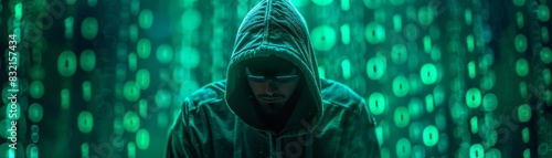 A mysterious hooded hacker immersed in a digital sea of green binary code, symbolizing the secretive world of cybersecurity