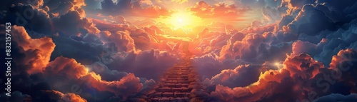 A mystical journey captured as an ancient stone staircase stretches into a fiery sky  surrounded by swirling clouds and a radiant sunset  symbolizing hope and ascension