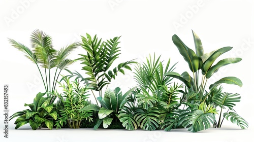 A vibrant collection of green tropical plants with various leaf shapes, displayed on a white background, perfect for nature and garden themes.