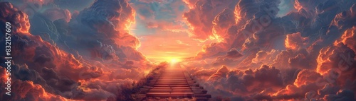 A mystical journey captured as an ancient stone staircase stretches into a fiery sky, surrounded by swirling clouds and a radiant sunset, symbolizing hope and ascension photo