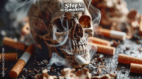 A powerful banner for World No Tobacco Day featuring a broken cigarette with smoke dissipating into a skull shape. The text 