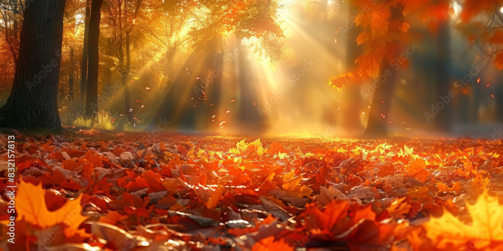 Sunlit autumn forest with vibrant orange leaves and falling foliage creating a warm and enchanting atmosphere with golden sunlight filtering through the trees
