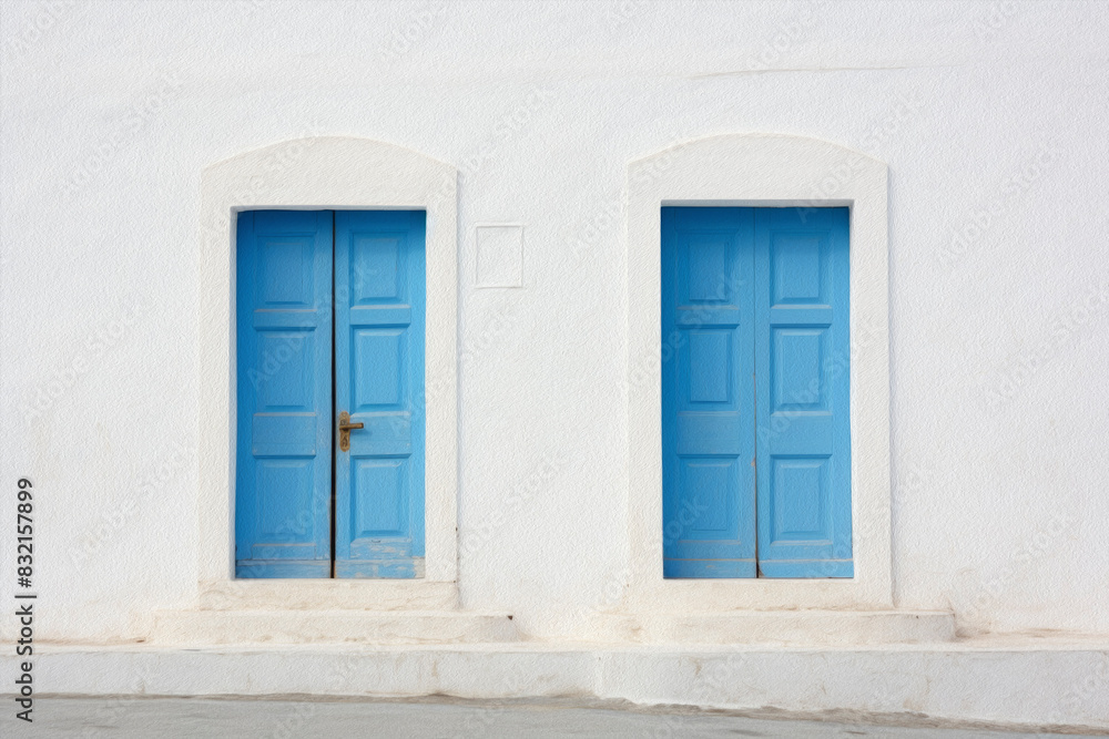 Puertas azules sobre pared blanca.