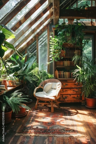 a beautiful cozy attic living room with a bookshelf and plants with sunlight coming from the window with some plants © DailyLifeImages