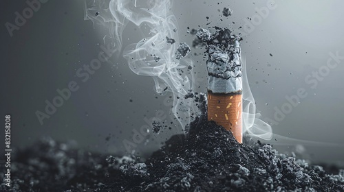 A visual of a cigarette turning into ashes, forming the silhouette of a coffin. The background is a solemn gray, driving home the fatal consequences of smoking on World No Tobacco Day.