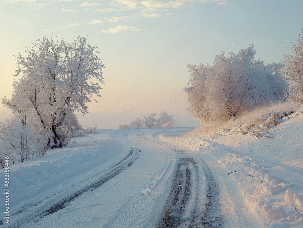 Road through snow-covered landscape Road through snow-covered landscape