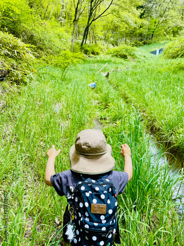 ハイキングを楽しむ幼児の後ろ姿