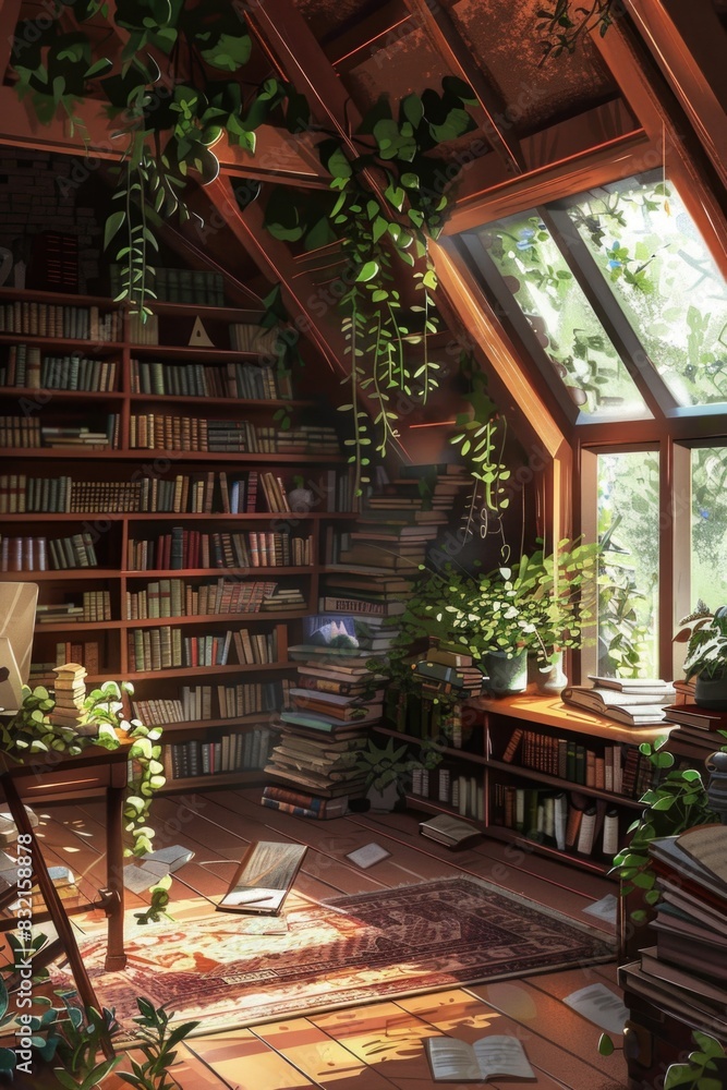 a beautiful cozy attic living room with a bookshelf and plants with sunlight coming from the window with some plants