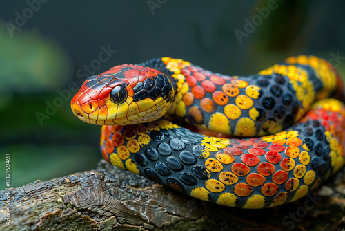 A vibrant snake coils on a tree branch in a striking display of colors.