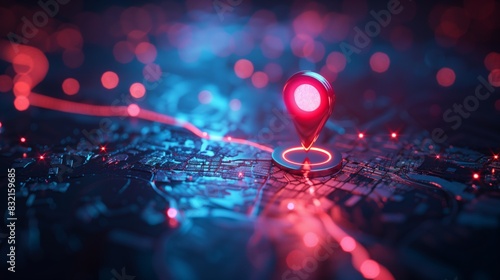 3D location icon on digital map background with glowing light effects. A stylized map marker or pin symbol for global branding or online identity concept. Digital marketing technology concept.