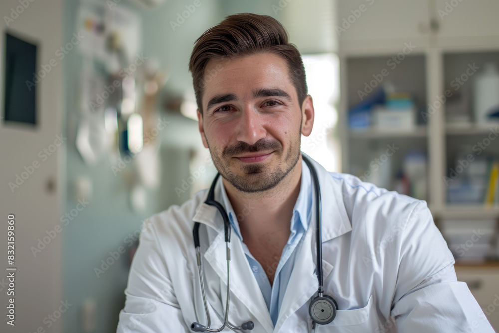 Confident male doctor smiling in a clinic setting Confident male doctor smiling in a clinic setting