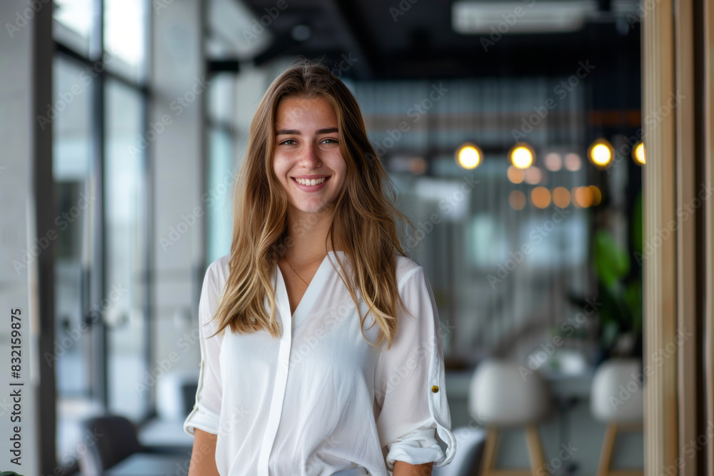 Portrait of a casually dressed young businesswoman in modern office Portrait of a casually dressed young businesswoman in modern office