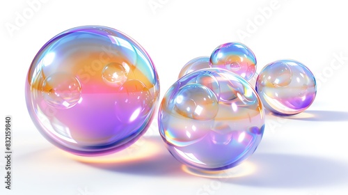 Colorful, iridescent soap bubbles on white background, reflecting light in vibrant hues. Perfect for abstract, playful, and fresh themes.