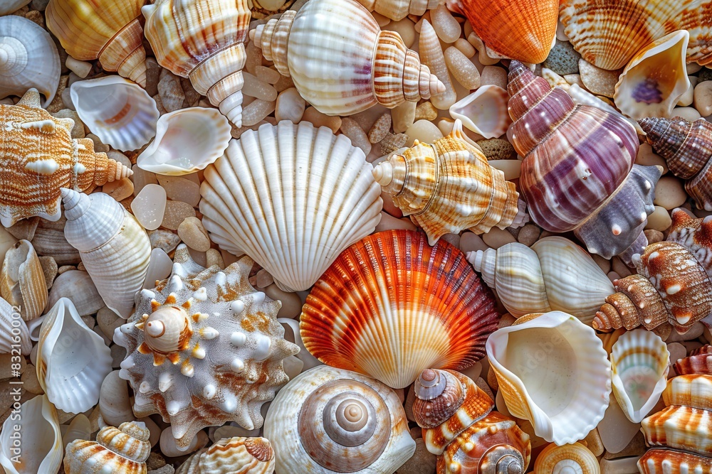 A vibrant collection of seashells in various shapes and colors, displayed on a pebble background. Perfect for beach-themed projects. A vibrant collection of seashells in various shapes and colors, displayed on a pebble background. Perfect for beach-themed projects.