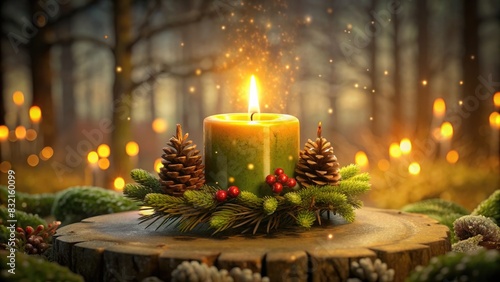 Christmas card  candle decorated with a fir wreath with cones on a wooden table