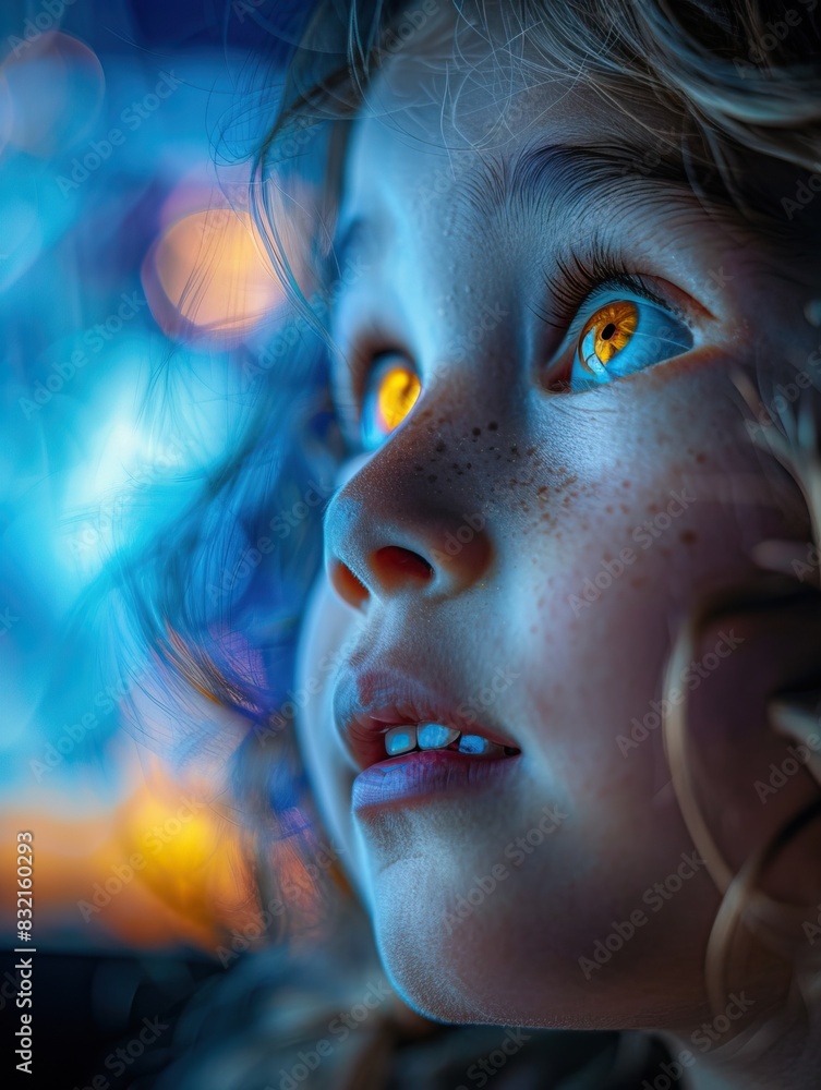 Close-up of a child's expressive face with glowing eyes and vibrant colors, capturing wonder and curiosity in a surreal moment.