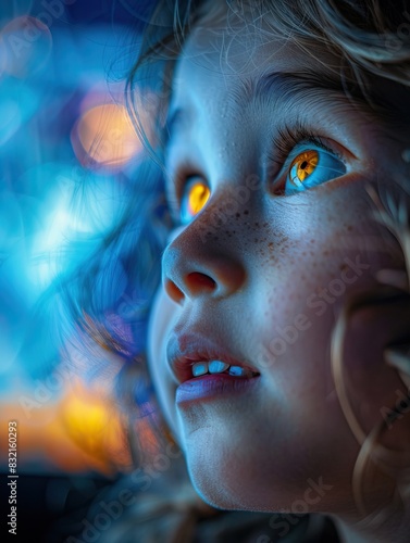 Close-up of a child's expressive face with glowing eyes and vibrant colors, capturing wonder and curiosity in a surreal moment.