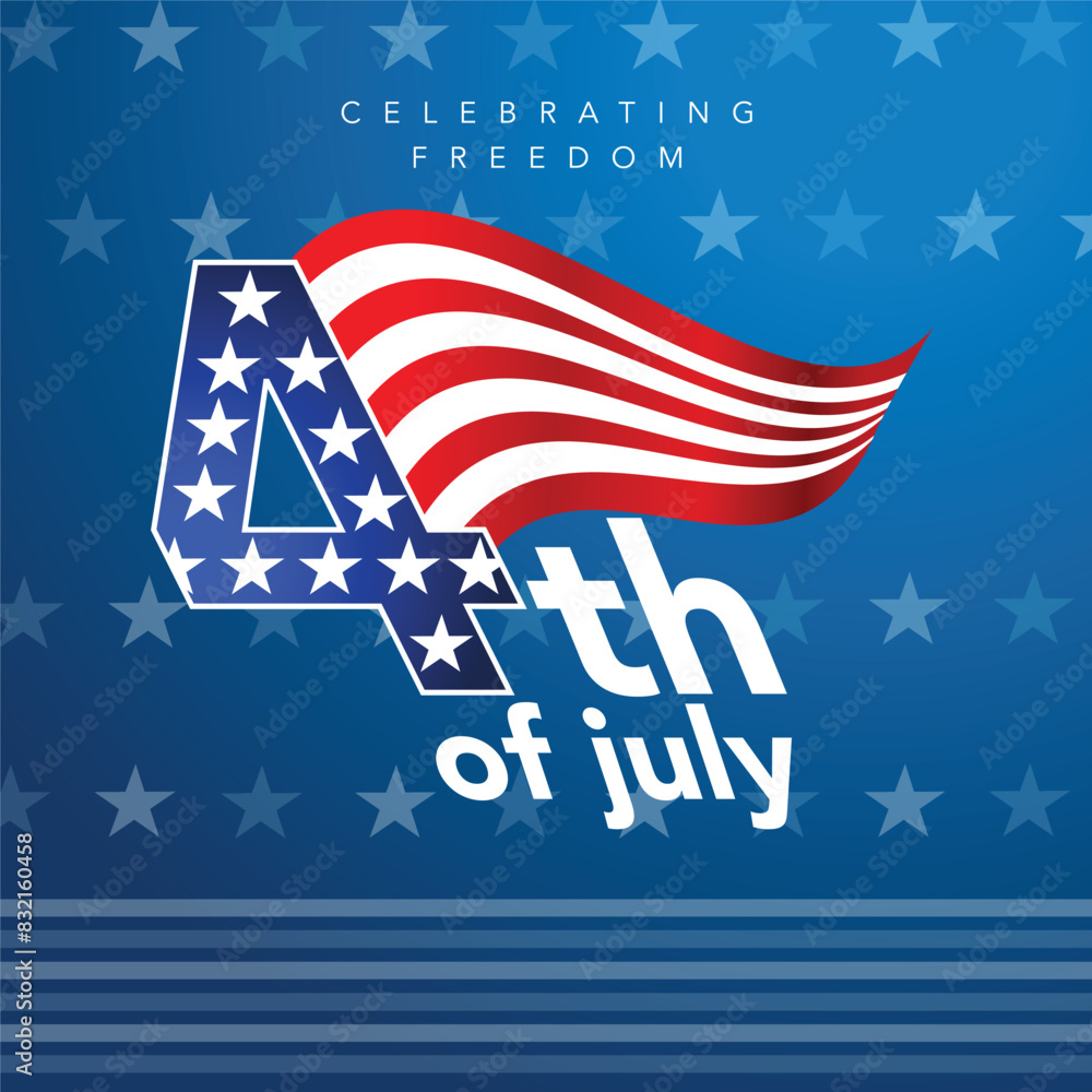 Happy 4th of July typography design with vertical American flag brush stroke on both sides, 4th of July United States Independence Day celebration promotion advertising social media post banner
