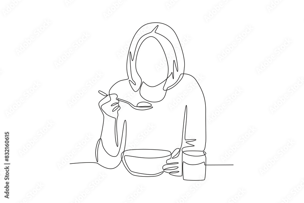 Woman having breakfast with cereal and glass of milk. Eating breakfast concept one-line drawing
